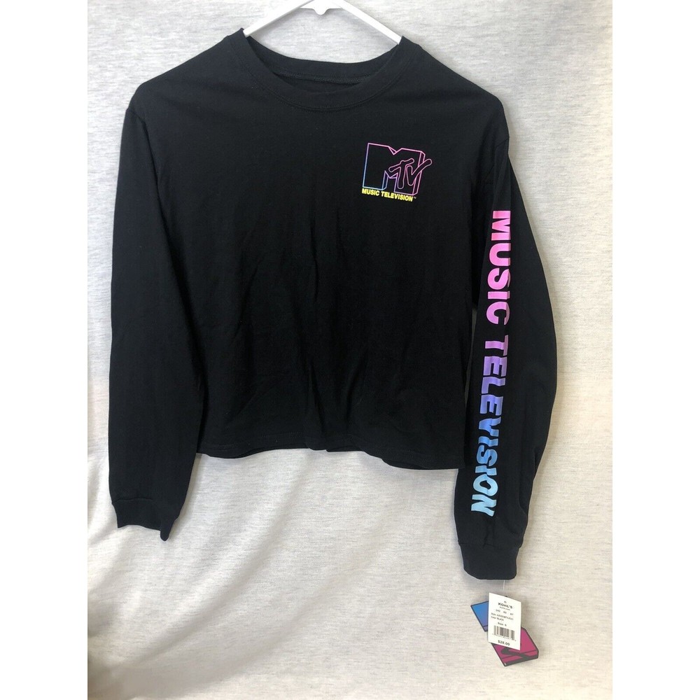 MTV Music Television Logo Crop Top Size Small Black T Shirt NEW